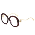 Women's burgundy round sunglasses with gold wave temples and pearl accents - Dark Tea Frame White Lens