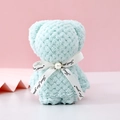 Light blue teddy bear shaped coral fleece towel with ribbon and pearl detail - 20x10cm / Green Pearl Bear