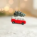 Resin Christmas camper van ornament with snowy tree and golden hanging string - Christmas Tree Car Pendant