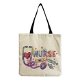 Detail of nurse tote bag showing colorful heartbeat, stethoscope print and durable canvas texture - Colorful Hand-drawn Cartoon Nurse Style (hm6980)