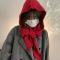 Detail of red knitted hood scarf with bow tie fastener for winter warmth - Hat and Shawl Integrated Set / Burgundy