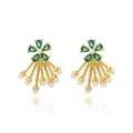 Detail view of gold flower earrings with green crystals and long pearl tassels - Flower Tassel Pearl Style (Style 7)