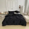 Black textured bedding set featuring 3D floral pinch pleat design with duvet cover and shams - US-Twin: 168*229cm / Black