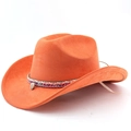 Detail view of orange suede cowboy hat with ethnic braided band and shell pendant accessory - M (56-58cm) / Orange