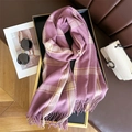 Detailed close-up of pink plaid cashmere scarf texture with fringes on a tray - Pink White & Brown Plaid (WT170-5)