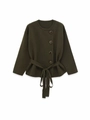 Detail of dark green knit cardigan featuring brown buttons and matching waist tie belt - S / Dark Green