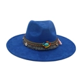 Dark blue wide brim fedora hat featuring bohemian beaded bands and grey fringe details - One Size / Sapphire Blue