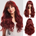 Close-up of wine red long wavy wig with bangs, featuring front and back views on mannequin - Burgundy