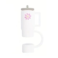 White silicone straw cover for Stanley cup with pink daisy design and t-shaped handle - White Daisy (5)