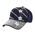 Dark blue denim baseball cap with silver rhinestones and white floral details - L (58-60cm) / Dark Color