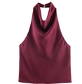 Detail of burgundy satin halter top featuring a draped neckline and silky fabric texture - XS / Burgundy