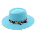 Detail of sky blue boater hat featuring woven straw texture and leopard print ribbon - M (56-58cm) / Lake Blue