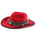 Detail of red wool felt cowboy hat with woven band, tassels, and turquoise stone accent - M(56-58cm) / Red With Black Edge