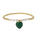 Detail of beaded bracelet with pearls, gold beads and a green malachite heart charm - Green Peacock Stone