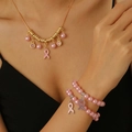 Pink ribbon breast cancer awareness jewelry set with pearl necklace and layered bracelet - Pink Ribbon Beaded 2-Piece Set (Necklace+Bracelet)
