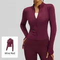 Women slim fit berry red athletic jacket with thumb holes and full zipper for yoga - S / Tops / Berry Red