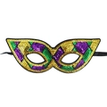 Classic Mardi Gras sequin mask in purple, green, and gold with long black ribbons - Mardi Gras Sequin Mask E-Large Geometric Color Block