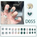 Uñas postizas color verde morandi con diseños de corazón, lazo y estampado de vaca - Estilo Estampado Vaca Lazo Corazón Verde (D055) / Tipo de Pegamento