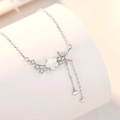 S925 silver necklace featuring a flower garland pendant with zirconia butterfly and tassels - White Gold Color (DY797)