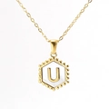 Golden 18K stainless steel hexagonal necklace with letter U on white shell base - With Chain / Gold - Letter U
