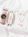 Pink butterfly watch set with matching necklace, bracelet, and earrings on white silk - Pink Butterfly Watch Set (Orange Box)