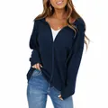Detail showing waffle knit texture of women's military green drawstring zip hoodie - Navy Blue