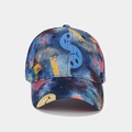 Detailed close-up of street fashion baseball cap featuring blue galaxy tie-dye and dollar patterns - Adjustable / Dark Blue Starry Dollar Sign Style (Color #9)