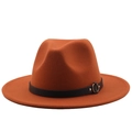 Close-up of caramel fedora hat with black leather band and gold metal ring detail - M (56-58cm) / Caramel