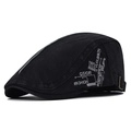 Close-up of black cotton flat cap with fashion embroidery and metal adjustable buckle - Adjustable / Black