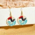 Golden hook earrings featuring blue and red enamel whale leaping wave circular pendants - Blue Whale Jumping Wave Enamel Dangle