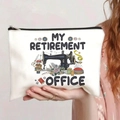 Canvas makeup bag in beige with black zipper and sewing theme retirement office print - Retirement Office Sewing Style (jiaying0034)