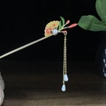 Vintage-Haarnadel aus Gold mit fächerförmigem Blumenmuster und Quasten-Anhängern - Goldener Fächer Rote Blume Künstliche Perle Quaste (0321)
