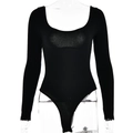 Close-up of black long sleeve ribbed bodysuit featuring a backless sexy slim fit design - S / Black