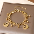 Golden double-layer stainless steel heart bracelet featuring mother-child engraving - Mother Child Hug Outline Heart Style (KB203672-Z)