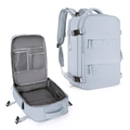 Detailed interior of a grey backpack showing multiple compartments and mesh pockets - Light Blue (Horizontal Double Pull)
