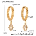 Details zu Abmessungen der Hamsa-Hand-Ohrringe aus vergoldetem Edelstahl mit Zirkonia - Hand der Fatima Gehämmerte Ohrringe (Q081) / Gold