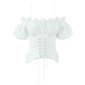 White French retro lace top with hollow embroidery and lantern sleeves off-shoulder design - S / White