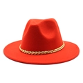 Detail of red wool fedora hat featuring a stylish gold chain decoration on the side - M (56-58cm) / Red
