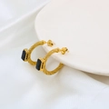 Golden C-shaped stainless steel earrings with twisted texture and black zircon inlay - Gold/Black Zirconia