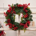 50cm Christmas wreath with red berries, pine cones and red-black checkered bow - 50cm Red Berry Ribbon Wreath