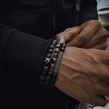 Men's 3-piece punk bracelet set with lava rock, tiger eye stones, and a silver crown charm - 3 Pcs Set Matte Black Lava Stone With Crown