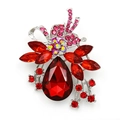 Elegant flower brooch with red pear-shaped gemstone and pink rhinestones in silver setting - XD019-2 Red/Pink