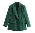 Detail shot of a dark green double-breasted blazer with notched lapels and flap pockets - Dark Green