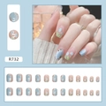 Uñas postizas cortas con tulipanes azules estilo óleo y detalles de pan de oro - R732 Tulipán de Primavera (Estilo con Pegamento)