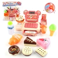 Pink kids toy cash register playset with scanner and assorted play food accessories - Brown and Almond Cash Register Dessert Full Set Bagged (333-6K)