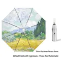 Automatic umbrella with Van Gogh Wheat Field print and silver UV protection coating - 3-Fold Automatic Wheatfield and Cypresses - Silver Coating