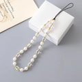 Cartoon bear phone charm with white pearls, iridescent crystal beads and gold spacers - Pearl Crystal Gemstone Phone Chain AB Color (K3527)