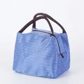 Portable lunch bag with blue horizontal stripes, canvas material and brown handles - Blue Stripe Bag