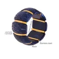 Detailed view of wide resin stretch bracelet with blue marble texture and steel spacers - 60mm / Blue