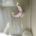 Detail of moon-shaped suncatcher with purple amethyst stones and crystal prism pendants - Iridescent Bead Amethyst Style (H4)